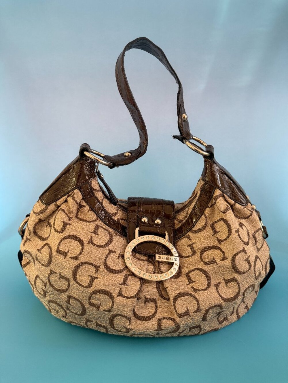 Guess Y2K Monogram Hobo Bag Brown G Logo Croc Trim Rhinestone Buckle McBling